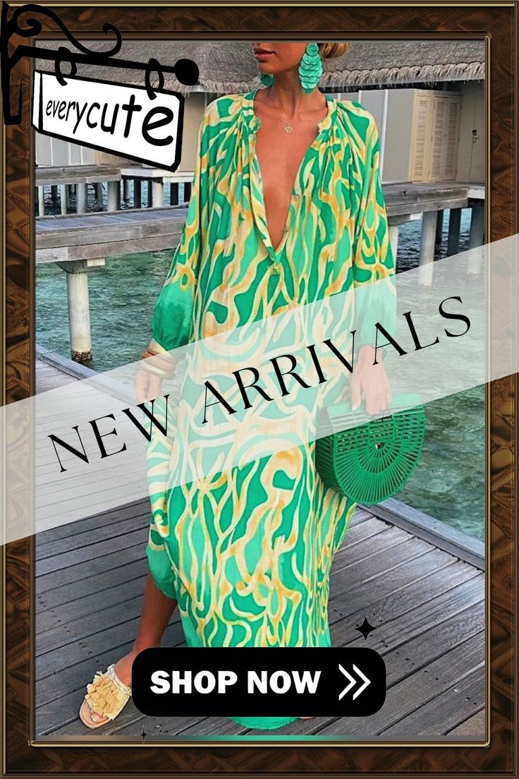 Women's Dresses Loose V-neck Long Sleeve Print Dress Chic V-neck Dress For Beach Season, Green V-neck Vacation Dress, Green V-neck Dress For Vacation, Printed V-neck Dress For Day Out, Long Sleeve V-neck Dress For Summer Vacation, Green V-neck Midi Dress For Beach, Printed V-neck Dress For Beach Season, Green Long Sleeve V-neck Beach Dress, Green Long Sleeve V-neck Dress For Beach