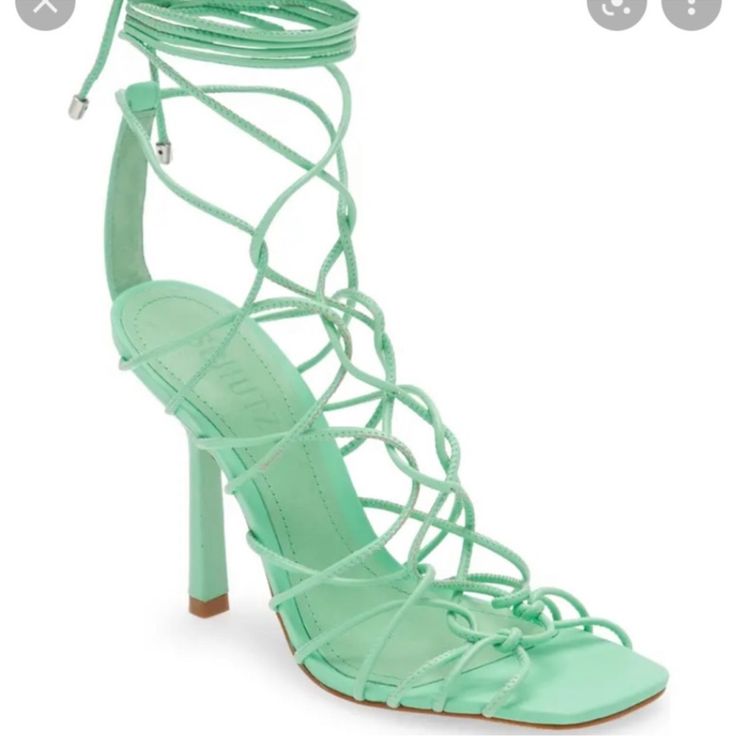 New Never Worn Green Sandals With 4-inch Heel For Summer, Spring Lace-up Sandals With Heel Strap And Pointed Toe, Spring High Heel Sandals With Wrapped Heel, Summer Lace-up Sandals With 4-inch Heel And Ankle Strap, Spring Formal Lace-up Sandals With 4-inch Heel, Summer Lace-up Block Heel Sandals With 4-inch Heel, Spring 4-inch Heel Closed Toe Heels, Spring Closed Toe Heels With 4-inch Heel, Chic Synthetic Lace-up Sandals For Spring