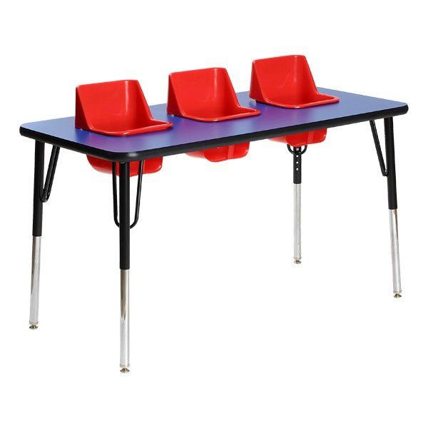 three red plastic chairs sitting on top of a blue and black table with metal legs