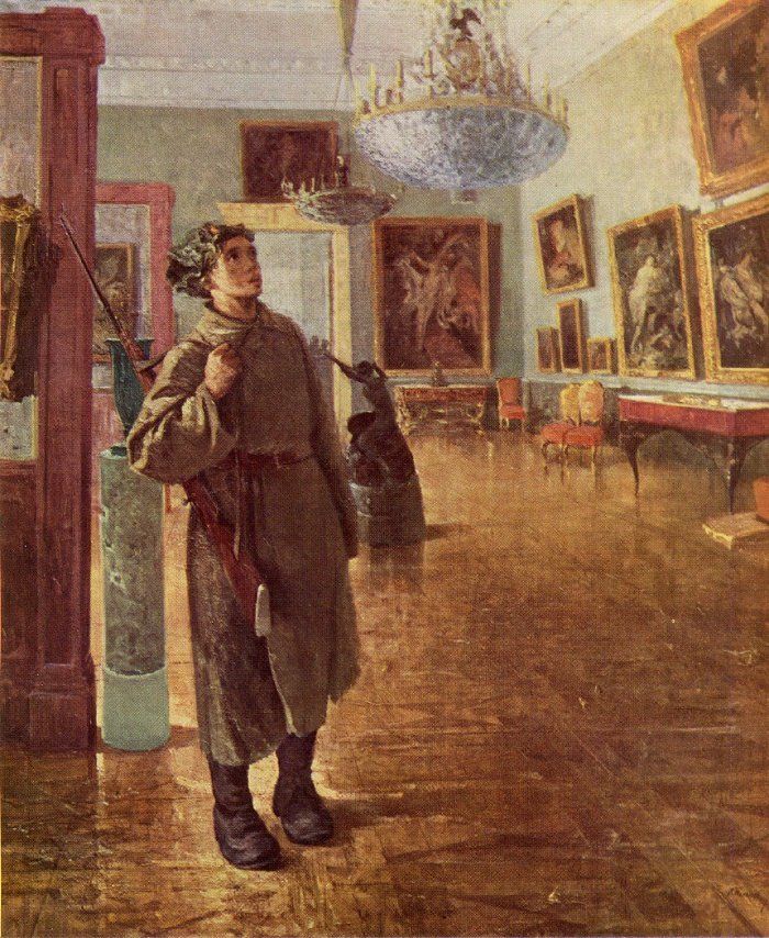 a painting of a man standing in a room with paintings on the walls