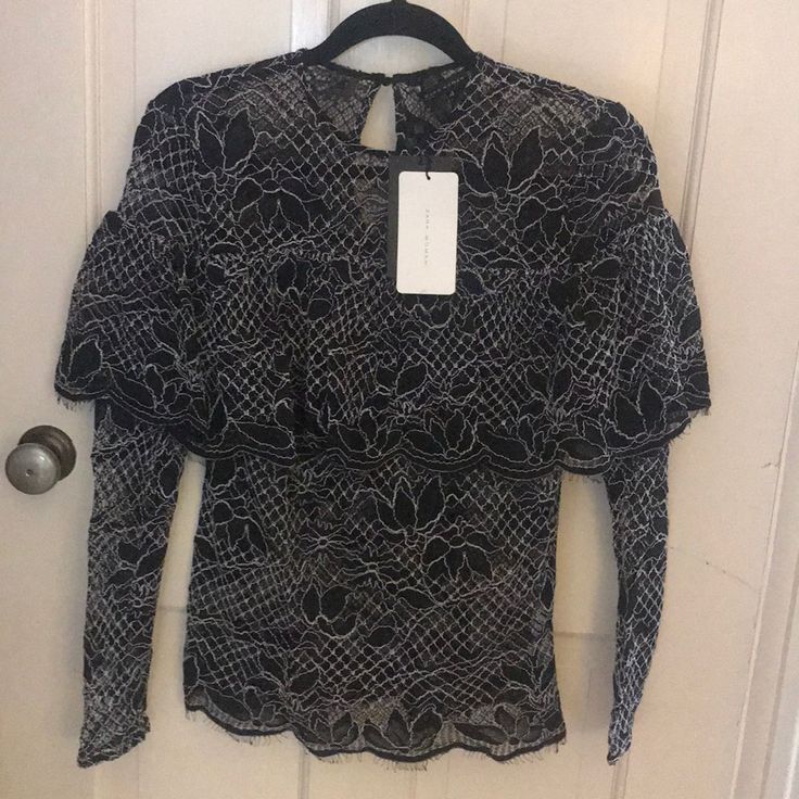 Zara Lace Black And White Dressy Blouse Size M Long Sleeved With Tags Elegant Zara Blouse For Party, Elegant Zara Party Blouse, Elegant Lace Top Blouse From Zara, Elegant Lace Blouse For Date Night, Zara Long Sleeve Party Blouse, Zara Fitted Evening Blouse, Zara Lace Tops For Night Out, Zara Long Sleeve Blouse For Evening, Zara Fitted Blouse For Date Night