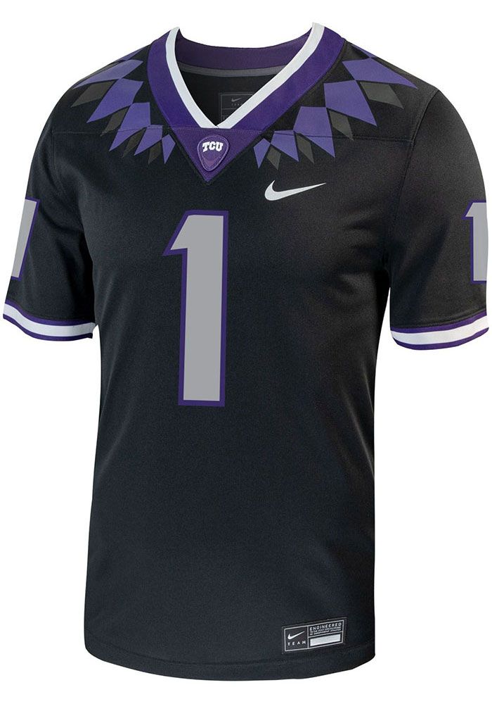 Get a piece of the Horned Frogs Horned Frogs action with this TCU Horned Frogs Black Replica Game Football Jersey. You'll look like one of the team as you wear this Jersey to support your Horned Frogs. With a screen print team wordmark and number on front with number on back, this Football Jersey makes a great addition to any Horned Frogs fan's closet. Dri-FIT knit pique body fabric to keep you cool and comfortable, Screen-print front and back numbers, Stitched down team logo patch at center fro Black Cotton Jersey For Fan Gear, Black Cotton Team Spirit Jersey, Black Cotton Baseball Jersey, Black Team Spirit Jersey For Fan Gear, Black Sports Season Jersey For Fan Gear, Black Jersey For Sports Season Fan Gear, Black Varsity Jersey With Moisture-wicking, Black Moisture-wicking Varsity Jersey, Black Sports Fan Jersey For Fan Gear