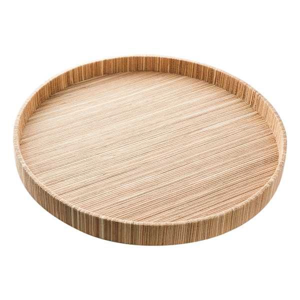 a round wooden tray on a white background