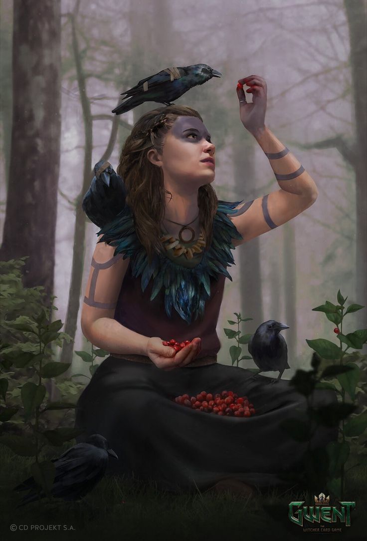 a woman sitting in the woods with two crows on her head and one bird perched on her shoulder