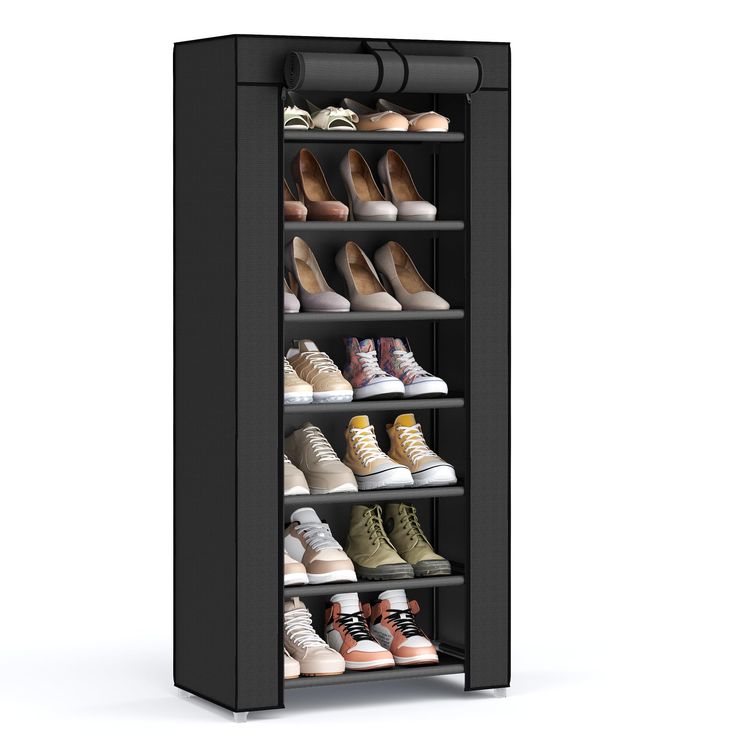 a black shoe rack filled with lots of shoes