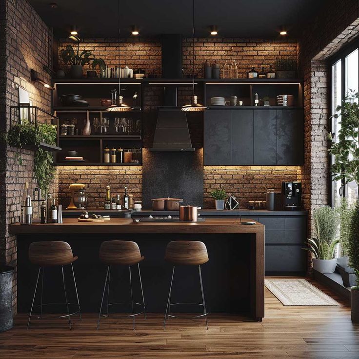 an industrial kitchen with brick walls and wooden flooring, bar stools at the island