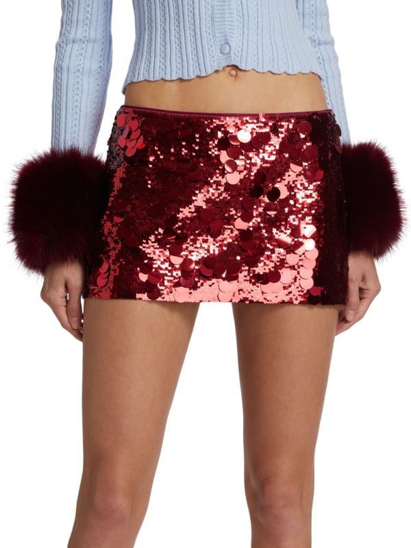 Guizio Low-Rise Paillette Mini Skirt on SALE | Saks OFF 5TH Sparkly Mini Skirt, Danielle Guizio, Merlot Color, Nyc Design, Tall Model, Summer Hats, Asymmetric Hem, Designer Outfits Woman, Model Measurements