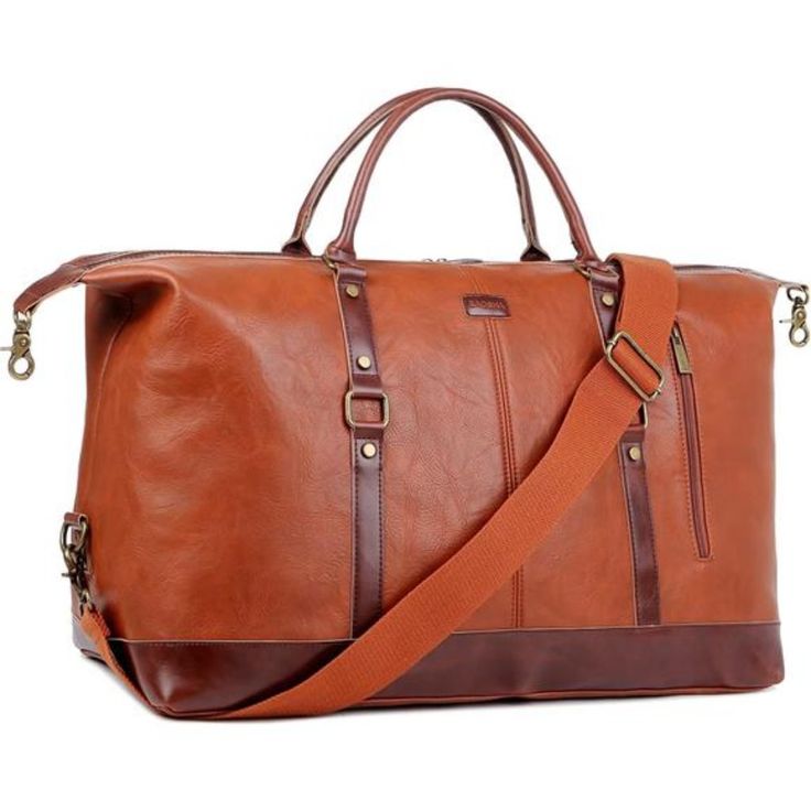 Material: Soft Faux Leather And Red Color Lining-Vintage Brown Faux Leather Accent Spacious Capacity With Well-Made Pockets: 53cm*38cm*23cm(L*H*D)/21''*15''*9''(L*H*D). Perfect For A Weekend Or 4~5 Days One Person Trip Carry-On: A Carry On Bag For Most Flying That Doubles As A Gym, Sport Duffel, Overnighter Or Weekender Travel Bag Smart Shoulder Strap Design: Our Carry On Duffel Bag Is Equipped With A Detachable & Adjustable Shoulder Strap Made Of Sturdy Heavy-Duty Canvas ,Durable Hardware Hook Red Faux Leather Travel Bag, Red Leather-lined Satchel For Travel, Red Shoulder Bag With Leather Trim For Travel, Classic Red Bags With Leather Trim, Red Leather Duffle Bag For Travel, Red Leather Travel Satchel, Red Leather Travel Duffle Bag, Red Bags With Leather Trim For Travel, Red Travel Bags With Leather Trim