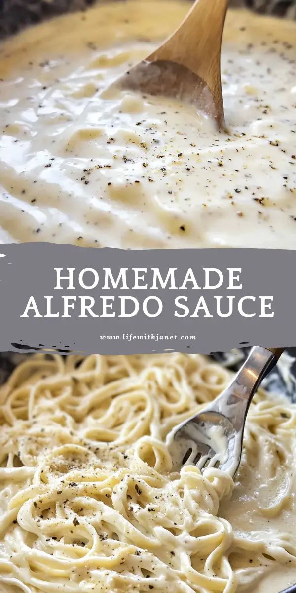 homemade alfredo sauce in a skillet with a wooden spoon and text overlay that reads homemade alfredo sauce