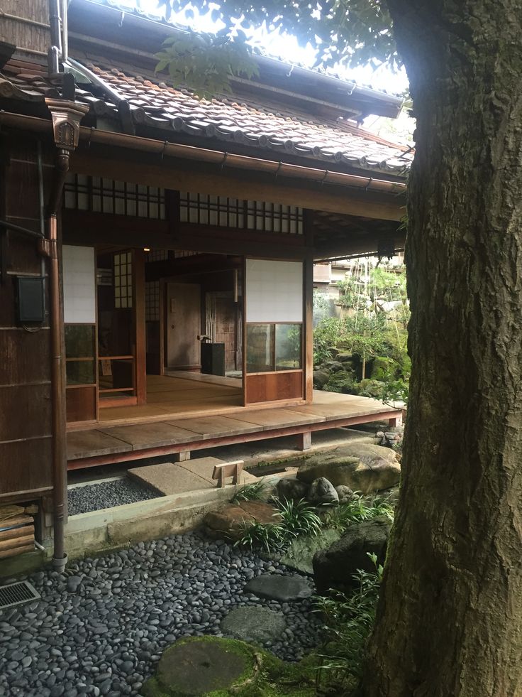 a small wooden building sitting next to a tree in a forest with rocks and grass