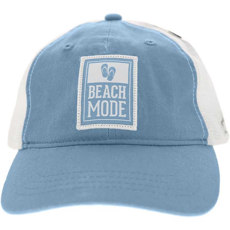 PREMIUM QUALITY: One-Size-Fits-Most baseball cap hat. The front of the hat is made from blue canvas material. The backing is made from a white breathable mesh and features weatherproof & rust-proof hardware. IN-HOUSE DESIGN: Snap with an adjustable strap that can be tucked away into the backside hat. The front of the hat features an embroidered patch "Beach Mode" sentiment with is accompanied by a pair of flip-flops and a rectangle outline design. CARE INSTRUCTIONS: Spot clean only; leave out in Rectangle Outline, Outline Design, Beach Icon, Cadet Blue, Outline Designs, Mesh Hat, Blue Canvas, Embroidered Patch, Embroidered Patches