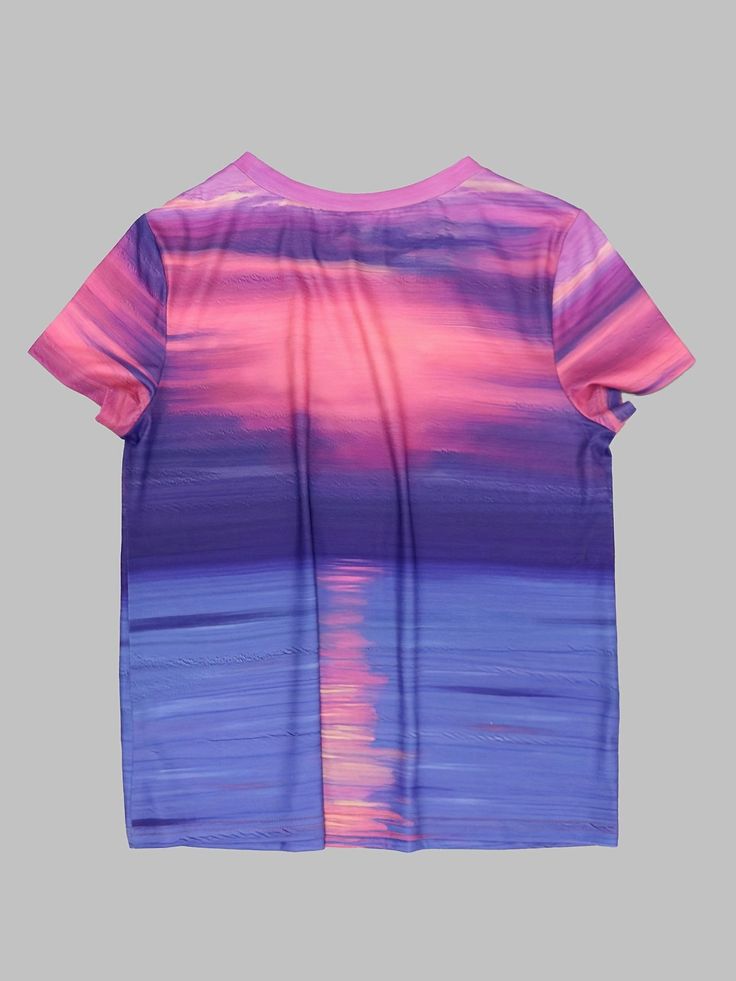 Experience effortless style with Sunset Vibes: the perfect casual top for summer and spring. This printed t-shirt offers a comfortable and stylish option for any occasion. Made for the modern woman, embrace a laid-back yet chic look with Sunset Vibes. Composition 100% Polyester Material Polyester Length Regular Details None Patterned Heart Sheer No Collar Style Crew Neck Seasons Summer Care Instructions Machine wash or professional dry clean Style Vacation Fabric Elasticity Mid Elasticity Printi Casual Purple T-shirt With Sublimation Print, Multicolor Crew Neck Tops For Beach Season, Relaxed Fit Multicolor Summer T-shirt, Spring Vacation Tops With Sublimation Print, Multicolor Sublimation Print Tops For Beach Season, Multicolor Crew Neck Summer T-shirt, Trendy Multicolor Summer T-shirt, Purple Short Sleeve Top For Vacation, Purple Short Sleeve Vacation Tops