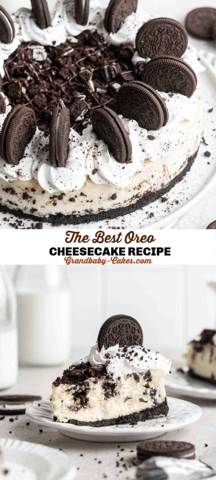 an oreo cookie cheesecake on a white plate