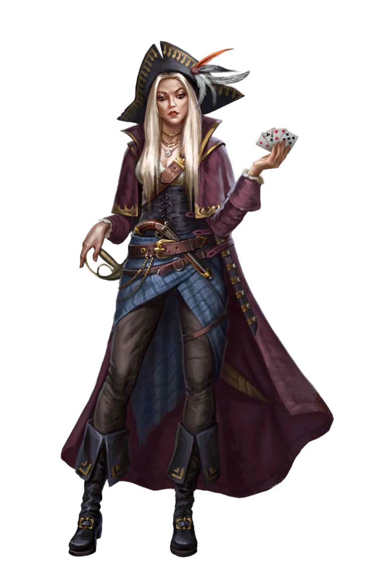 a woman dressed as a pirate holding a deck of cards