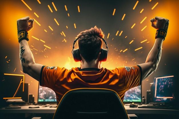 a man wearing headphones and boxing gloves in front of a computer desk with two monitors