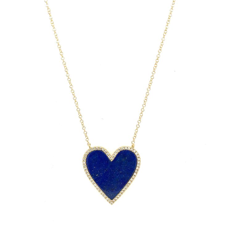 Lapis Heart With Diamond Outline Chain Necklace 14K Yellow Gold 0.18 Carats of Diamond 2.69 Carats of Lapis 15.5" -17.5" Long Heart: 0.80" Length X 0.78" Width 14k Gold Heart Cut Necklace With Adjustable Chain, Yellow Gold Heart Cut Gemstone Necklace, 14k Gold Heart Cut Gemstone Necklace, Fine Jewelry Heart Necklace With 17 Jewels, 14k Yellow Gold Heart Necklace With Gemstone, Classic Heart-shaped Necklace With Cable Chain, Heart Shaped Necklace With Adjustable Chain For Formal Occasion, Yellow Gold Gemstone Heart Necklace In Sterling Silver, Formal Heart-shaped Necklace With Adjustable Chain