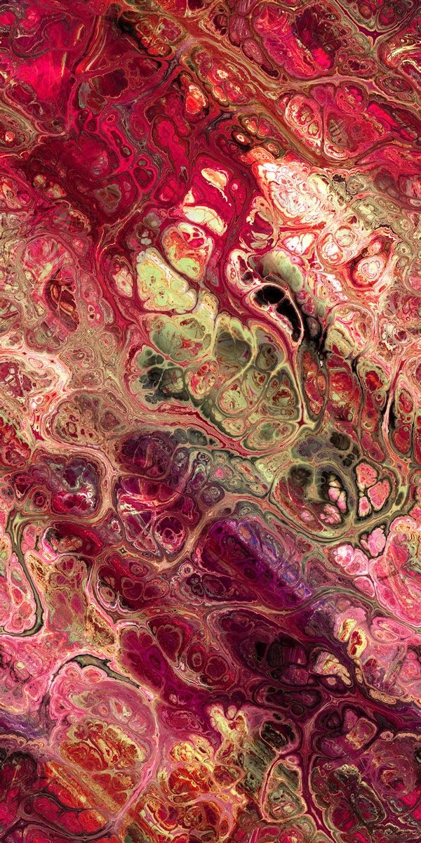 an abstract painting with red, pink and green colors on it's surface is shown