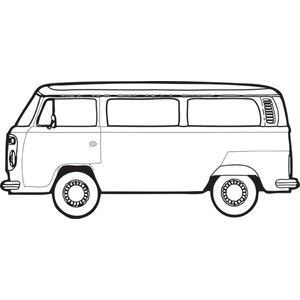 a drawing of a white van on a white background with the word vw in black