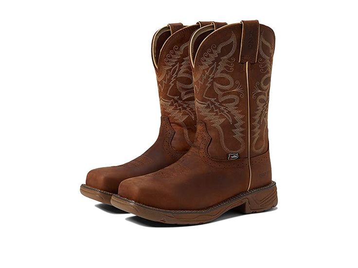 Justin Rush Pull-On Boots - Women's Boots : Rustic Tan 1 : Do you want to add a little flare to your work boot collection? Slip into the Justin Rush Pull-on Boots with comp toe to help bring style to your work day. Composite safety toe meets ASTM F2412-18a and ASTM F2413-18 EH (Electrical Hazard) standard. Oil-and-slip resistant rubber outsole meets the ASTM F3445-21 standard. Waterproof leather upper. Textile lining with removable cushioned footbed. Pull-on construction. Embroidered upper with Western Brown Slip-resistant Boots, Brown Slip-resistant Snip Toe Boots, Western Style Slip-resistant Boots For Outdoor Work, Western Waterproof Boots With Slip-resistant Round Toe, Western Moc Toe Slip-resistant Boots, Western Style Moc Toe Slip-resistant Boots, Western Insulated Boots For Outdoor Work, Western Style Insulated Boots For Outdoor Work, Reinforced Heel Closed Toe Boots For Outdoor Work