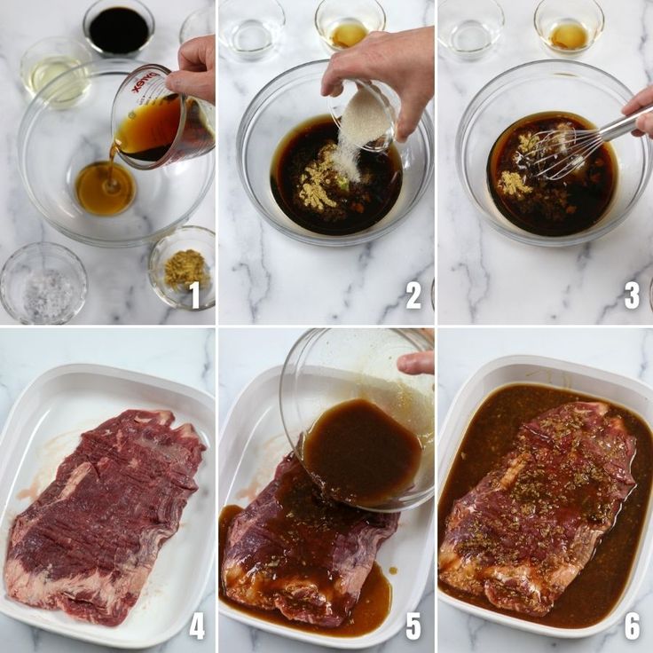 the steps to make an entree with meat and sauces are shown in pictures