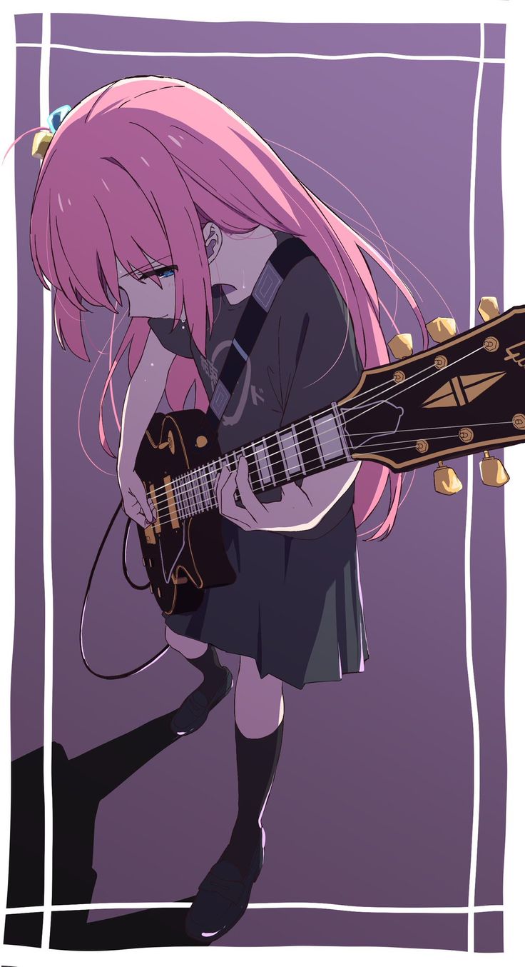 a girl with pink hair playing an electric guitar