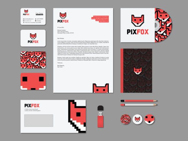 stationery design for pixox, an interactive gaming platform that uses pixel art