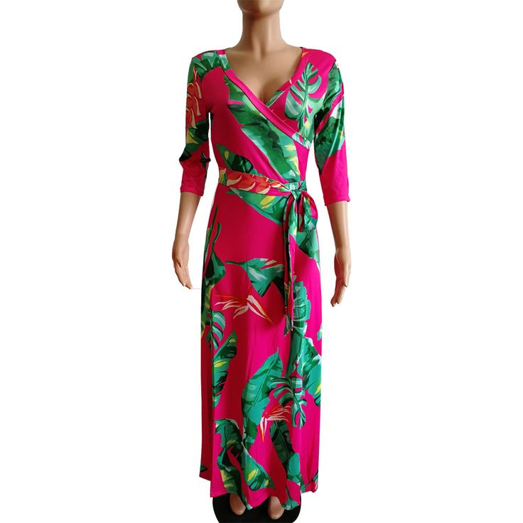 Sexy V-neck Printed Plus Size Floor Length Dress Multicolor V-neck Wrap Dress For Vacation, Multicolor V-neck Stretch Midi Dress, Pink V-neck Stretch Maxi Dress, Fitted Pink V-neck Dress For Vacation, Pink V-neck Stretch Midi Dress, Pink Fitted V-neck Beach Dress, Pink Stretch V-neck Midi Dress, Pink Stretch Midi Dress With V-neck, Pink Fitted V-neck Dress For Vacation