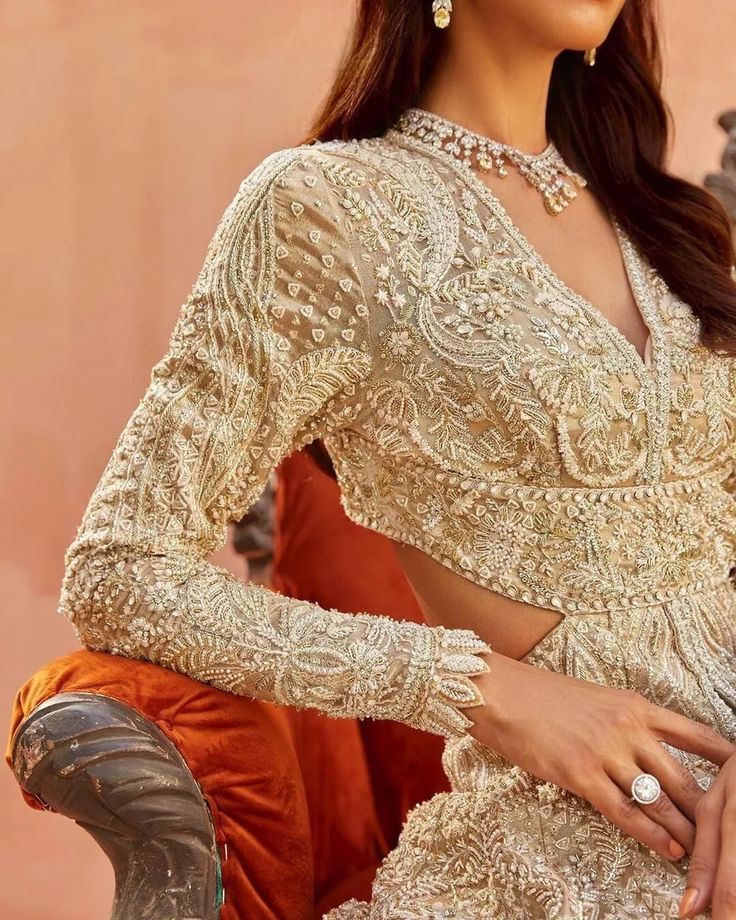 Ivory Embroidered split jacket With Skirt Designer Long Pakistani Bridal Dress | eBay Traditional Long Sleeve Embroidered Dress For Reception, Elegant Lehenga With Resham Embroidery And V-neck, Traditional Long Sleeve Gown With Gold Embroidery, Glamorous Long Sleeve Festive Gown, Festive Long Sleeve Glamorous Gown, Long Sleeve Gown With Floral Embroidery For Party, Long Sleeve Wedding Gown With Gold Embroidery, Fitted Anarkali Dress With Long Sleeves, Fitted Anarkali Embroidered Dress With Long Sleeves