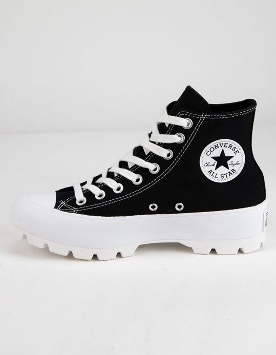 Black And White High Top Converse, All Black Platform Converse, All Star Lugged High Top Outfit, Converse Lugged Sneaker Outfit, Platformed Converse, Black And White Converse Outfit, Converse High Tops Platform, Converse High Heels, All Star Aesthetic