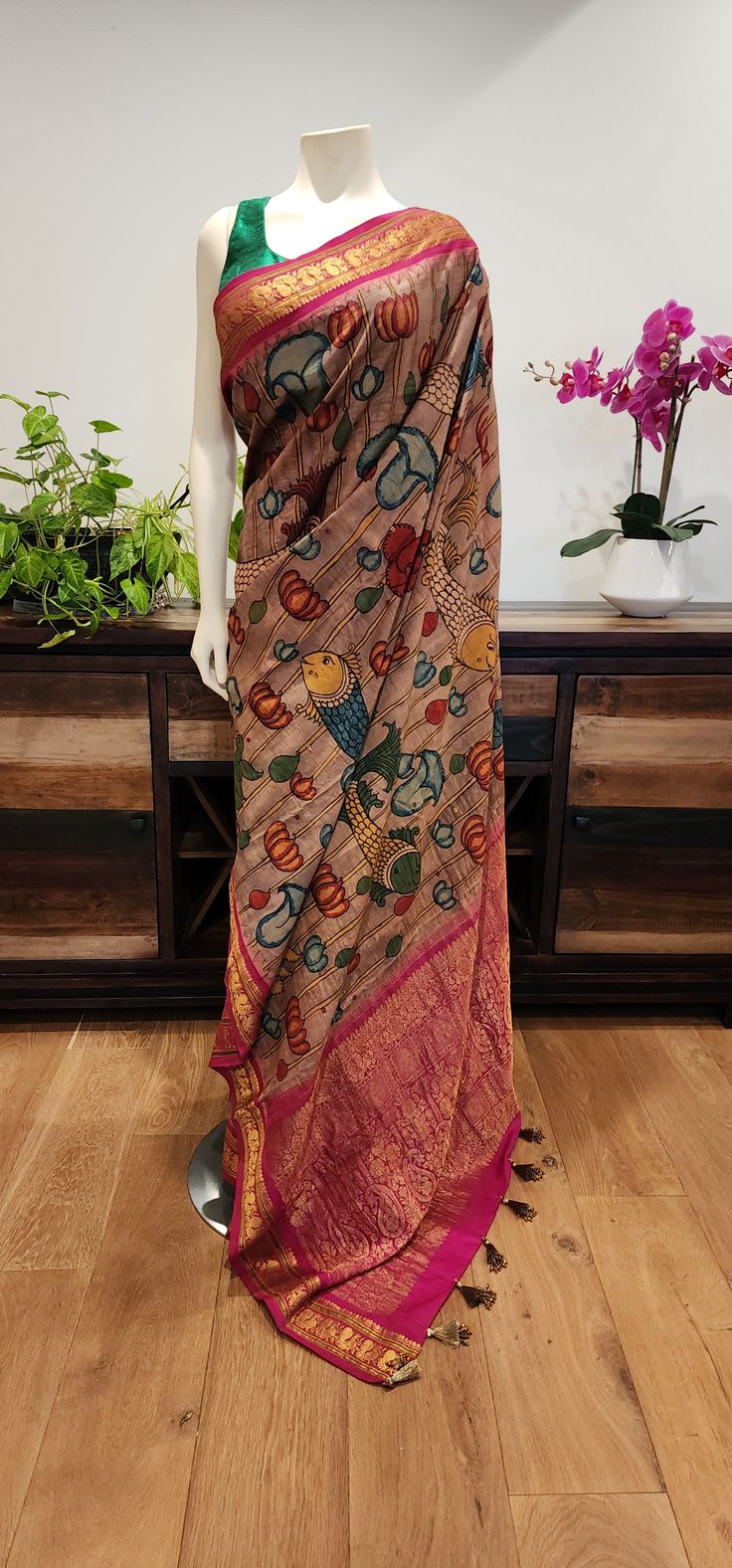 Beautiful Pen Kalamkari/ Hand Drawn Gadwal Saree collection, blouse to be customized. Product ships immediately within US. Blouse can take 2-3 weeks Designer Multicolor Tussar Silk Pre-draped Saree, Festive Kalamkari Print Pre-draped Saree In Slub Silk, Multicolor Handloom Tussar Silk Pre-draped Saree, Slub Silk Pre-draped Saree With Kalamkari Print, Multicolor Slub Silk Blouse With Traditional Drape, Multicolor Slub Silk Blouse Piece With Pallu, Semi-stitched Raw Silk Traditional Wear With Kalamkari Print, Traditional Silk Wear With Kalamkari Print, Multicolor Traditional Drape Slub Silk Blouse Piece