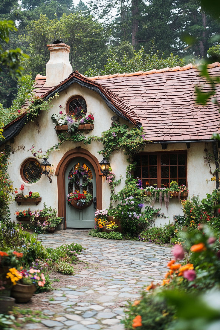 a house with flowers and plants around it