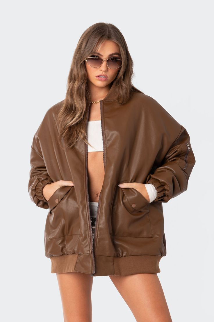 Faux Leather Oversized Bomber Jacket – edikted Racer Jacket Outfit, Cotton Lycra Fabric, Racer Jacket, Photoshoot Outfits, Bomber Jackets, College Outfits, S Models, Jacket Outfits, Oversized Fits