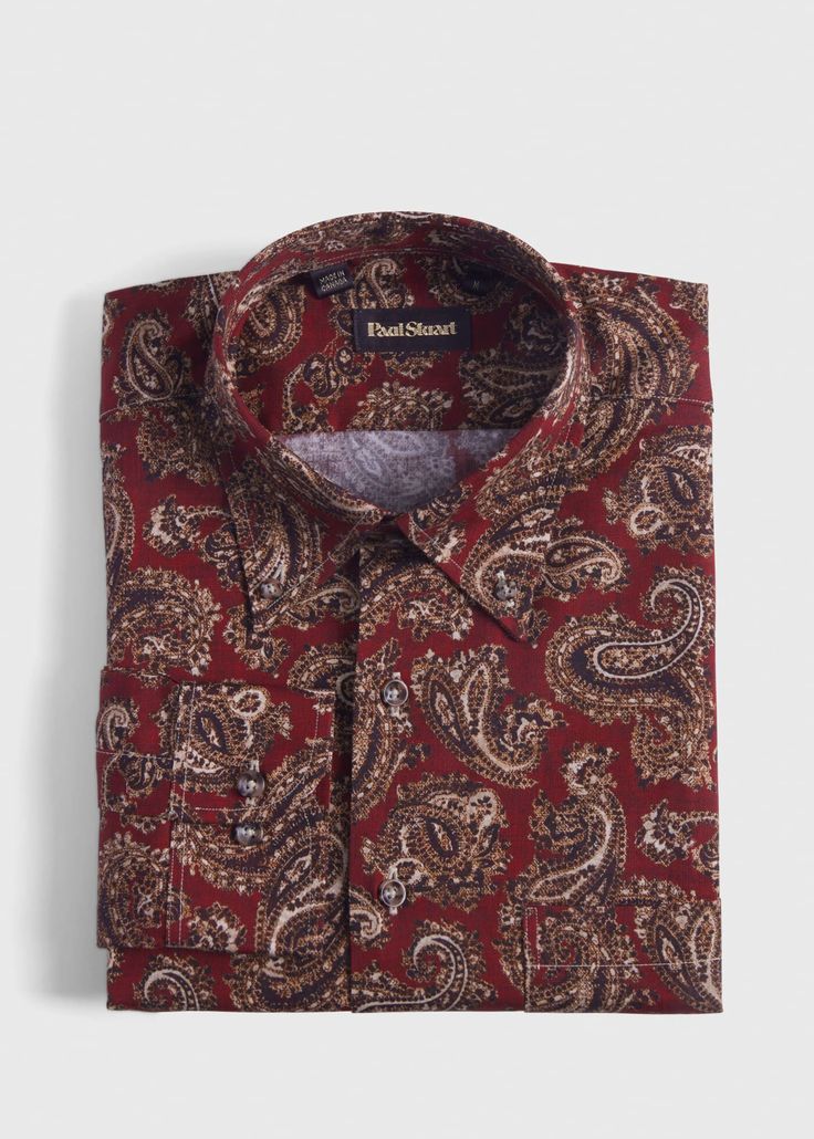 Add A Pop Of Color And Pattern To Your Wardrobe With This Rich Paisley Print Cotton Sport Shirt. Pair This Festive Seasonal Style With A Sport Jacket Or Cashmere Cardigan And Wool Trousers. Button Down Collar Chest Pocket Printed All Over Paisley Motif Made In Canada