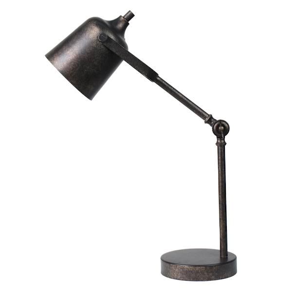 a black desk lamp with a metal base and an iron shade on the top, against a white background