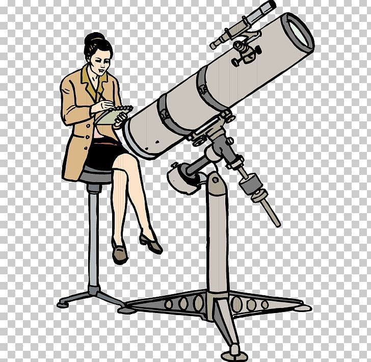 a woman sitting on a chair looking at a telescope