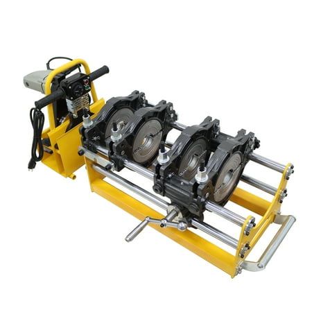 the machine has four wheels on it's side and is yellow with black handles