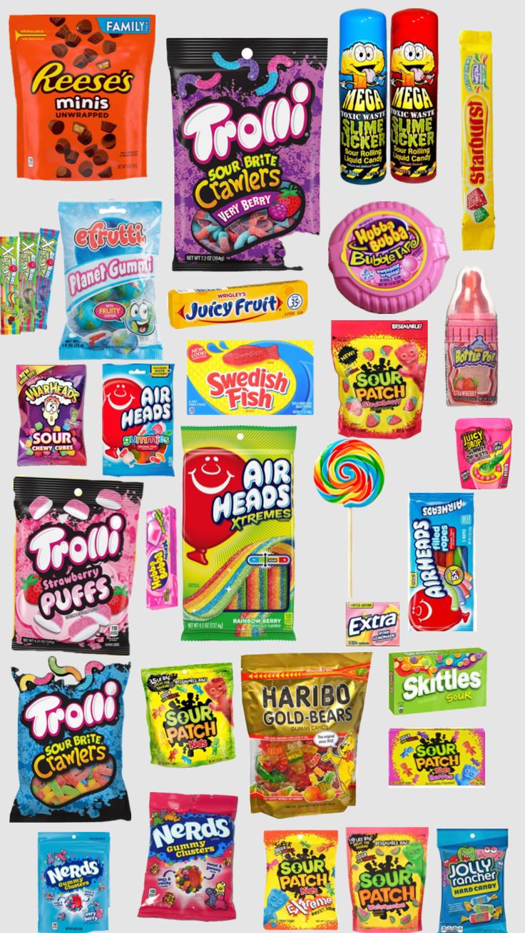 an assortment of candy and candies are shown in this graphic style, with different flavors