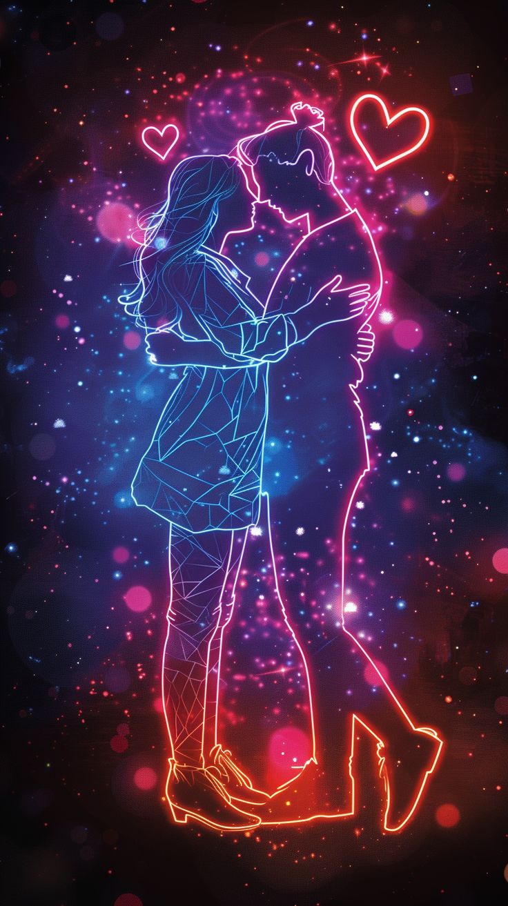 two people hugging each other in front of colorful lights and sparkles on the background