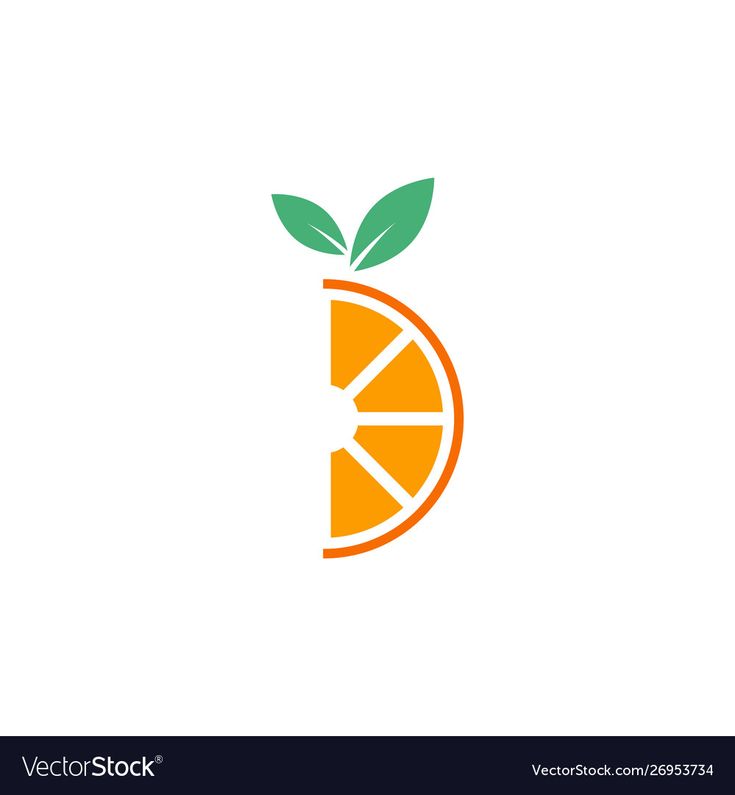 an orange sliced in half with green leaves on the top and bottom, logo design