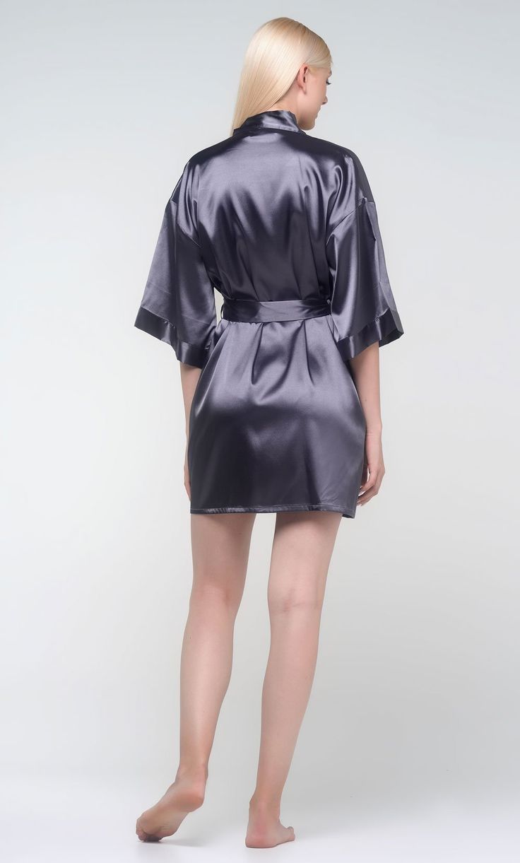 Charcoal Satin Kimono Short Robe-Robemart.com Satin V-neck Robe For Daywear, Elegant Satin Sleepwear For Sleepover, Satin V-neck Robe For Loungewear, Elegant Sleepwear For Sleepovers, Satin V-neck Daywear Robe, Summer Satin Night Robe, Satin Wedding Night Dress, Elegant Solid Satin Sleepwear, Satin Open Front Loungewear Robe