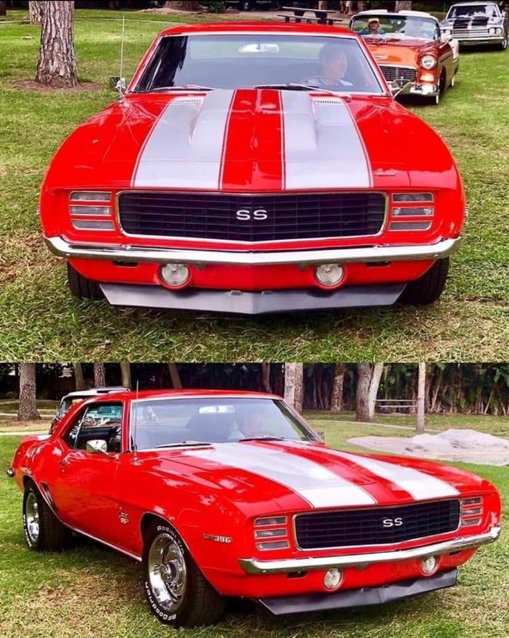 two pictures of the front and side of a red car with white stripes on it