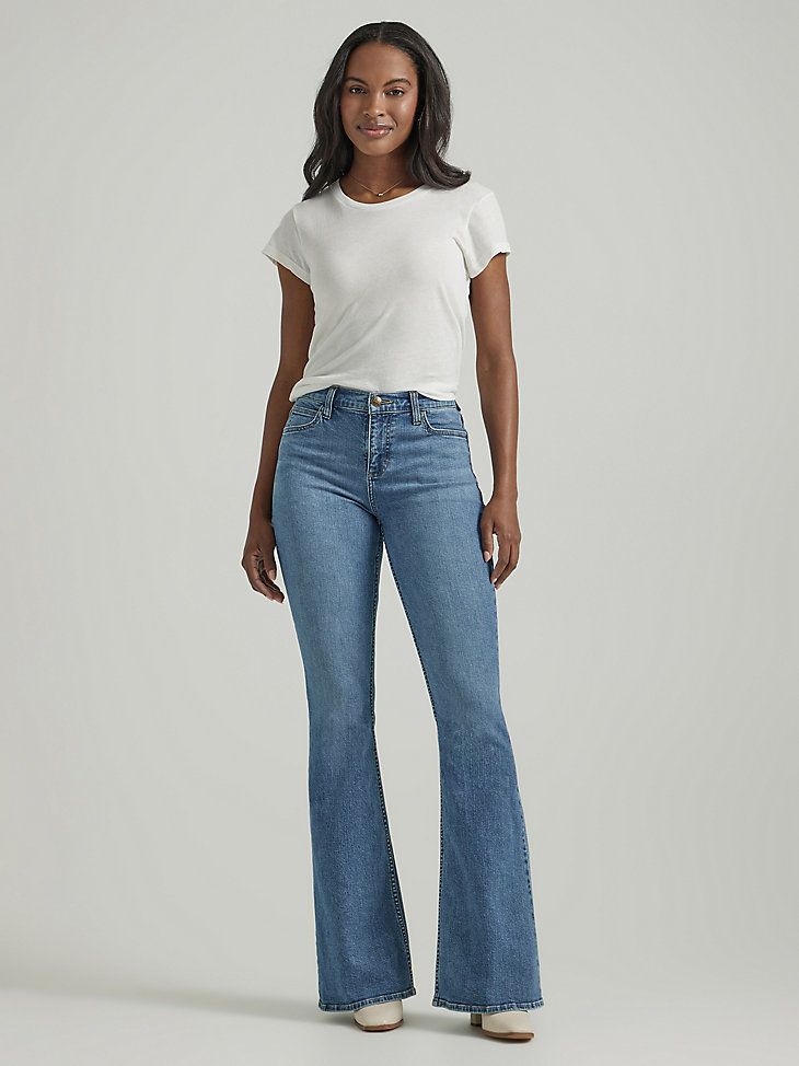 Fitted Denim Blue Flares With Flared Hem, Spring Dark Wash Flare Jeans With Flared Hem, Spring Dark Wash Flared Hem Flare Jeans, Medium Wash Flares For Spring, Spring Medium Wash Flare Jeans, Medium Wash Cotton Flare Pants, Medium Wash Cotton Flare Jeans, Medium Wash Cotton Flares, Denim Flares With Flared Hem