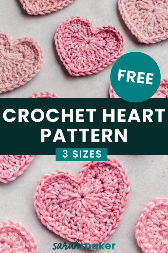 crochet heart pattern for 3 sizes with text overlay that says free crochet heart pattern