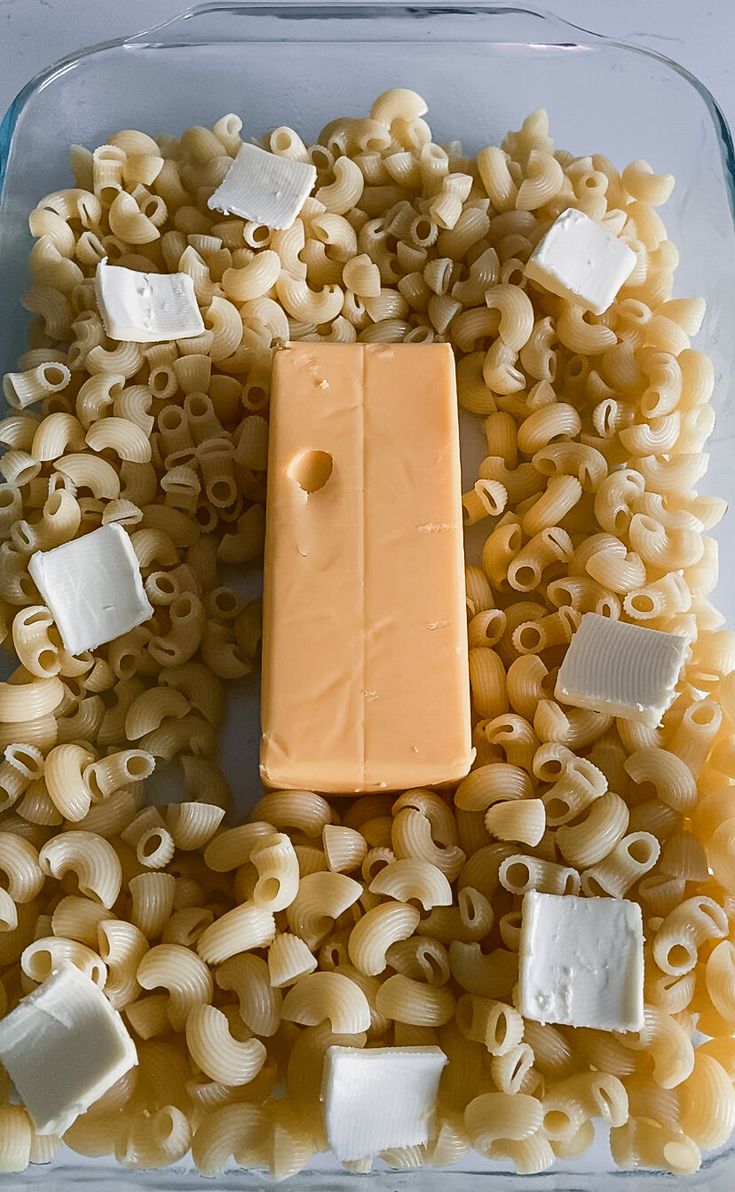 macaroni and cheese arranged in the shape of a rectangle