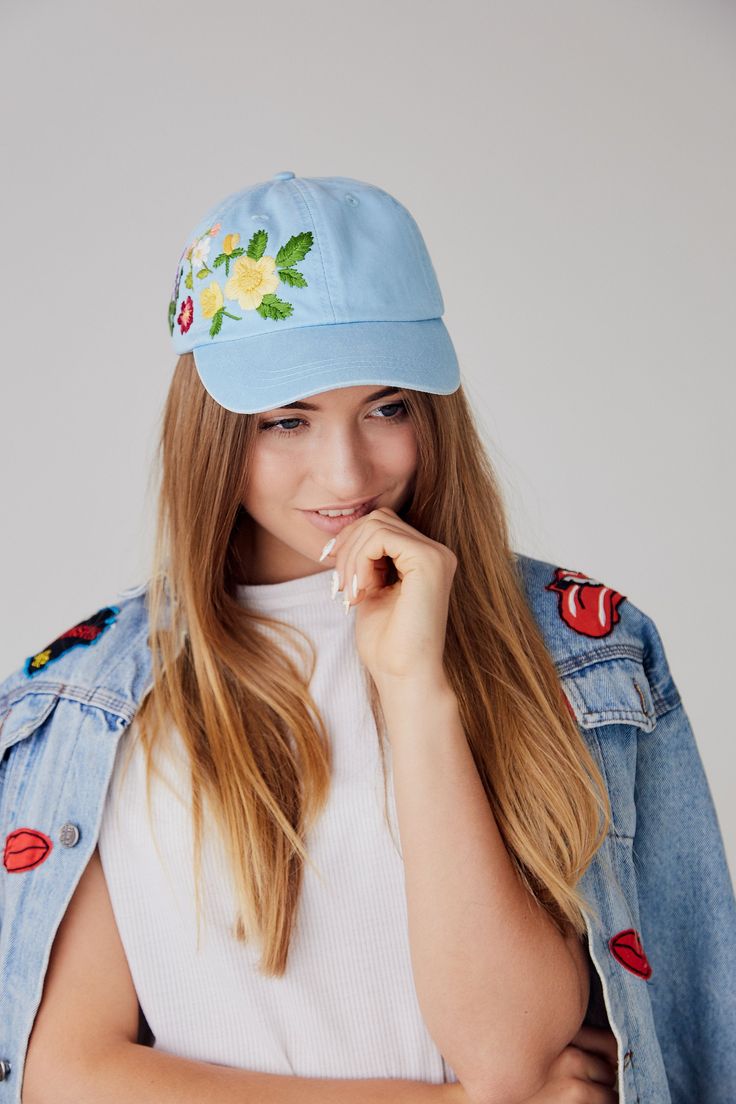 Hand embroidered hat, Embroidered flower hat, Embroidery hat, Embroidered hat, Floral embroidery, Embroidered flower Color: blue baseball cap. Design: hand embroidered wildflowers. Cap size (head circumference): 55 - 67 cm. The quality of the embroidery and baseball cap is superior, I guarantee! ;) I really enjoyed making this, and I hope my customer will enjoy showing it off. 🌿PLEASE NOTE I NEED 2 WEEKS TO EMBROIDER THIS HAT FOR YOU🌿 ❗️❗️❗️ GET 10% OFF COUPON for our Etsy shop by signing up t Spring Cotton Hats With Floral Embroidery, Cotton Baseball Cap With Floral Embroidery, Cotton Snapback Hat With Floral Embroidery, Cotton Floral Embroidery Snapback Hat, Floral Embroidery Cotton Snapback Hat, Spring Cotton Brimmed Baseball Cap, Cotton Brimmed Baseball Cap For Spring, Custom Embroidery Summer Baseball Cap, Custom Embroidered Summer Baseball Cap