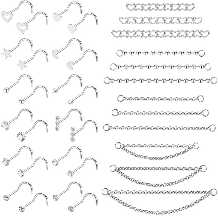 a bunch of different types of piercings on a white background with chains and hearts