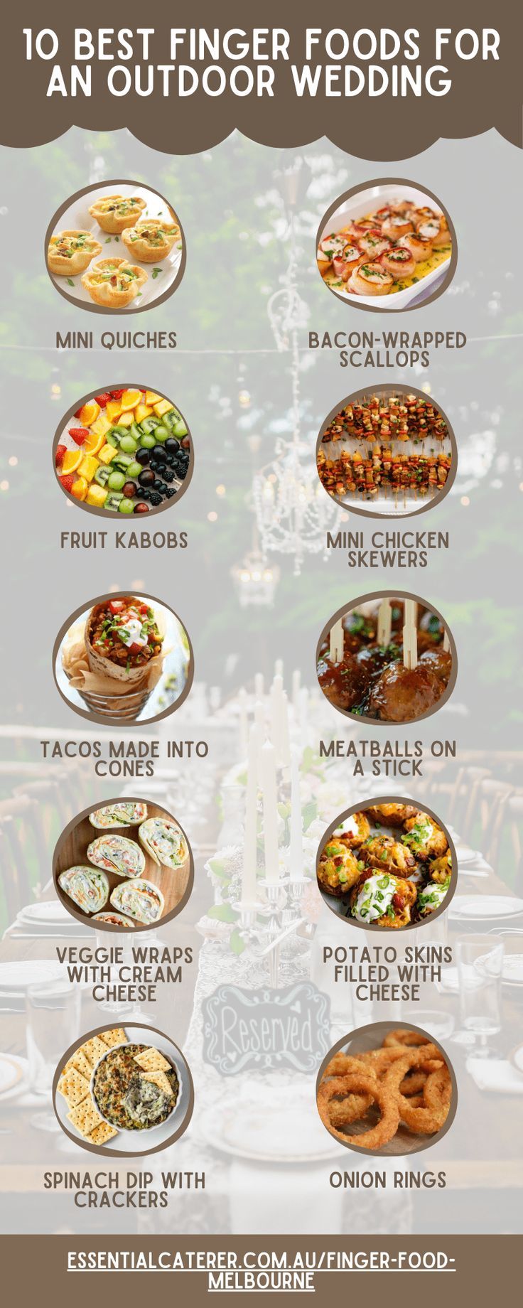 the top 10 best finger foods for an outdoor wedding - infographical image with text