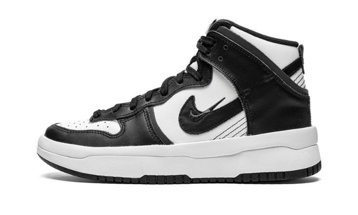 The Women’s Nike Dunk High Up “Panda” is the alternate version of the vintage basketball shoe with an exaggerated, platform-style sole and other design modifications.  Ideal for casual wear, the Dunk High Up “Panda” features a black-and-white color block that excels in versatility.  The shoe’s base is designed in white tumbled leather.  The forefoot, raised eyelet panel and collar overlay appear in contrasting black leather.  A small black Swoosh is embroidered over a standard black leather Swoo Dunk Shoes, Panda Shoes, Vintage Basketball, Sneaker Stores, Nike Dunk High, Dunk High, Air Jordan 3, Loafer Sneakers, Stadium Goods