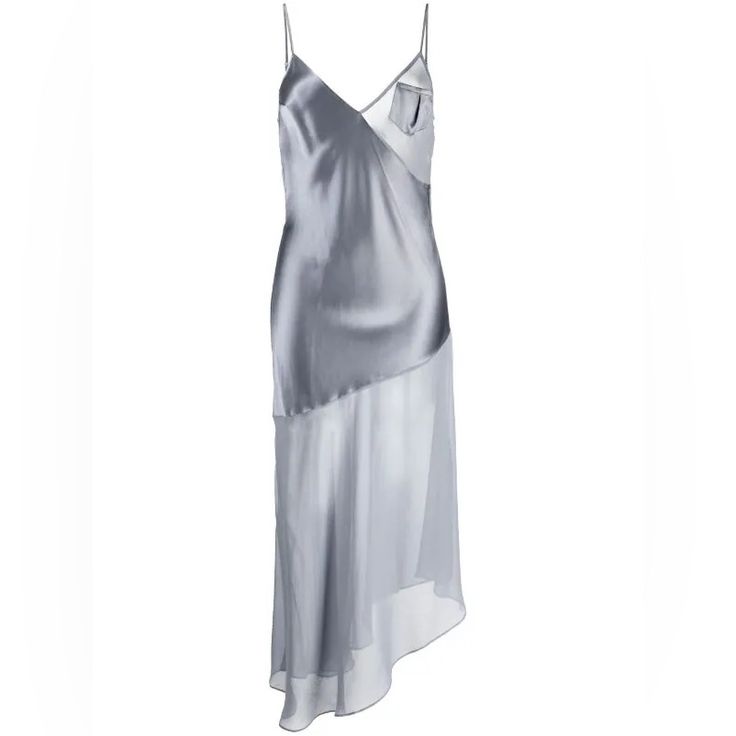 Highlights Grey Satin Finish Panelled Design V-Neck Spaghetti Straps Sleeveless Chest Patch Pocket Asymmetric Hem Mid-Length Composition Body: Polyester 100% Washing Instructions Dry Clean Only Slip Dress Drawing, Silver Satin Dress, Highlights Grey, City Dress, Satin Slip, Suit Accessories, Satin Slip Dress, Silver Dress, Gray Dress