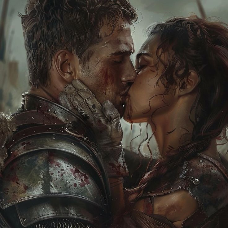 a man and woman kissing each other in front of a cityscape with blood all over them